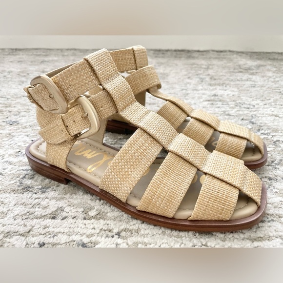 Sam Edelman Rattan Cage Sandals Dawn Fisherman Size 7.5 Cream Beige Big Buckles - Picture 6 of 11